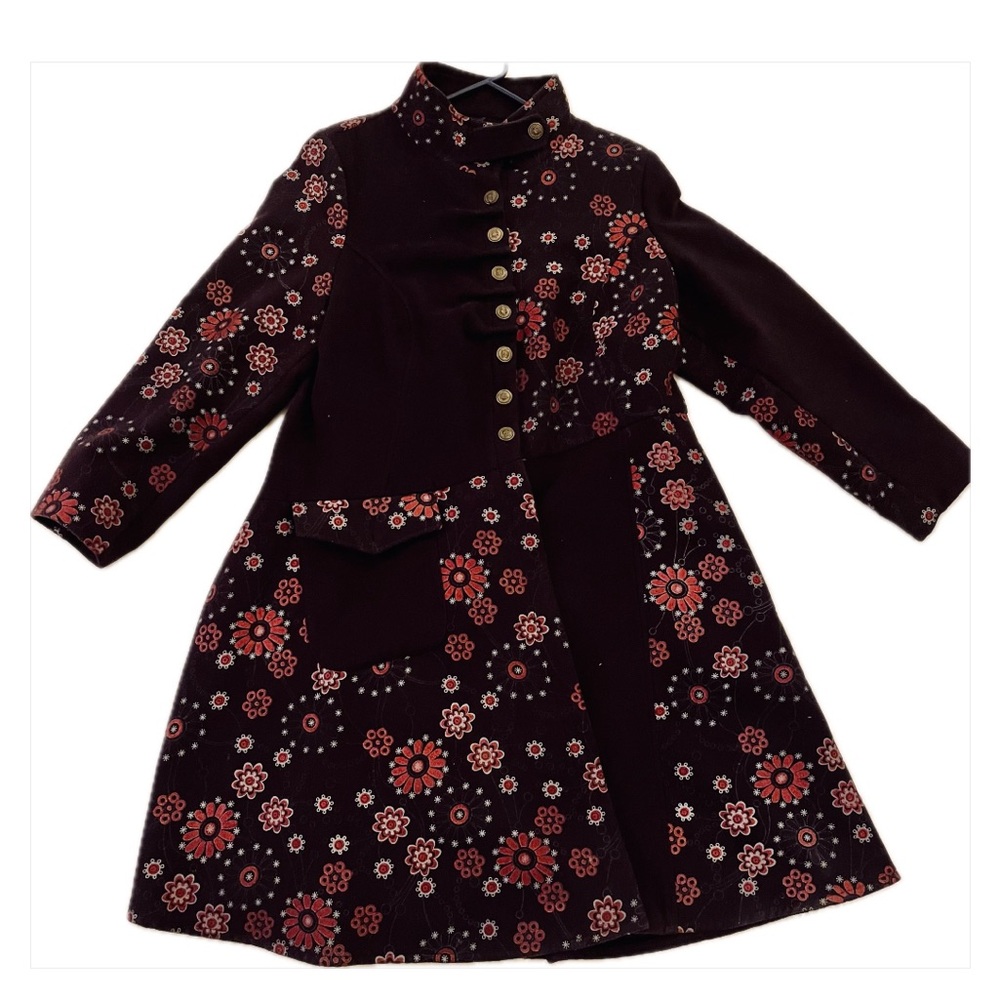 JOE BROWNS plus size purple floral flared funnel neck ruched cinch waist coat